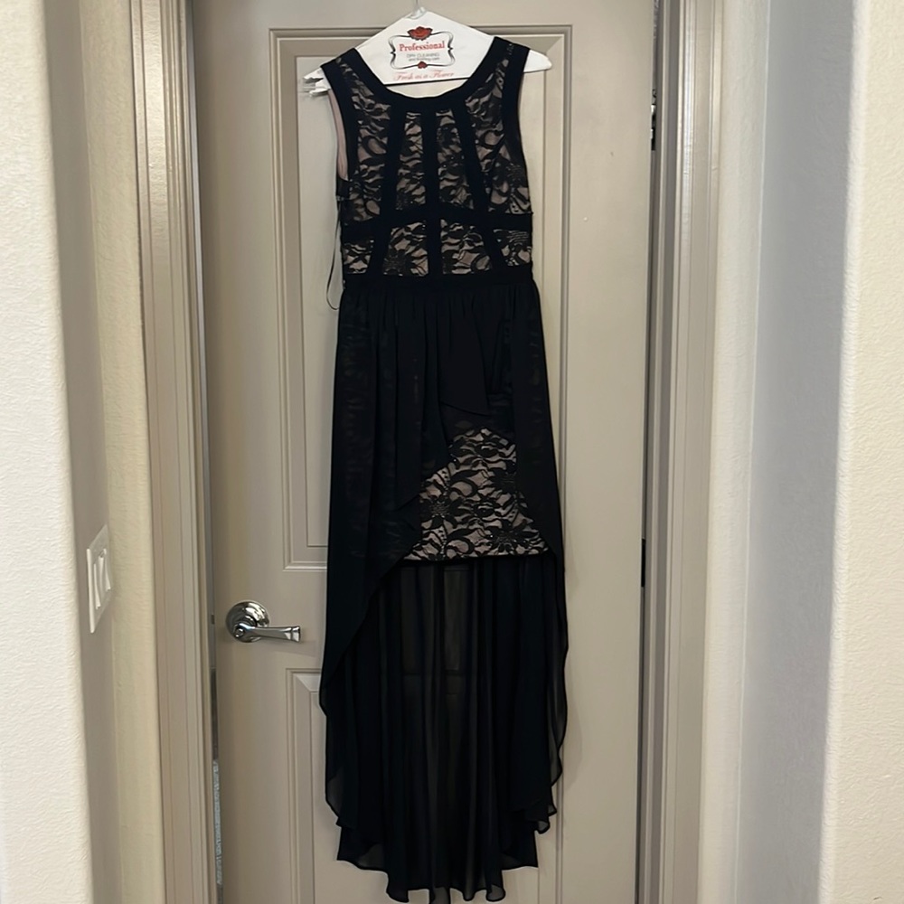 Black nude lace high low cocktail dress